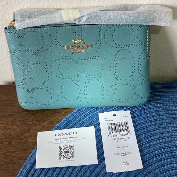 Coach Handbags - COACH LEATHER Corner Zip Wristlet In Gorgeous Marine Color -Perforated C's - NWT